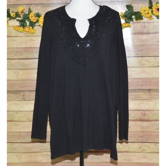 Charter Club Women's Plus 2X Black Thin Sweater Knit Top Shiny Beaded V-Neck - Picture 1 of 9